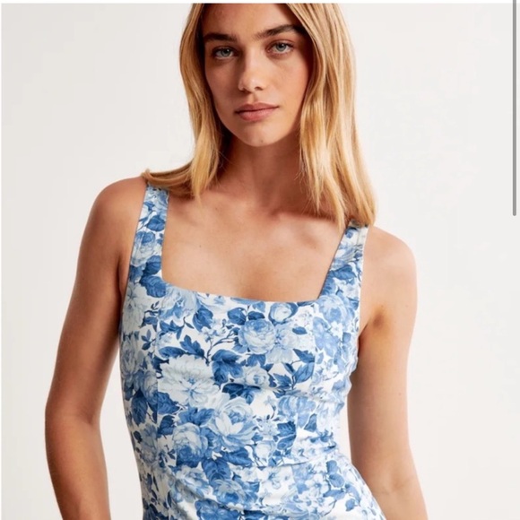STRETCH Cotton Midi dress blue floral - Picture 4 of 5